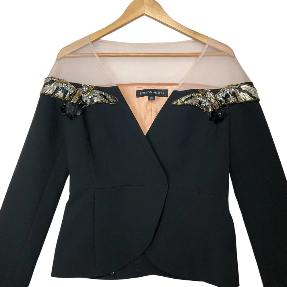BOSTON PROPER sz 8 Jacket Blazer Gold Sequin Detail Sheer Shoulder V Neck Black
